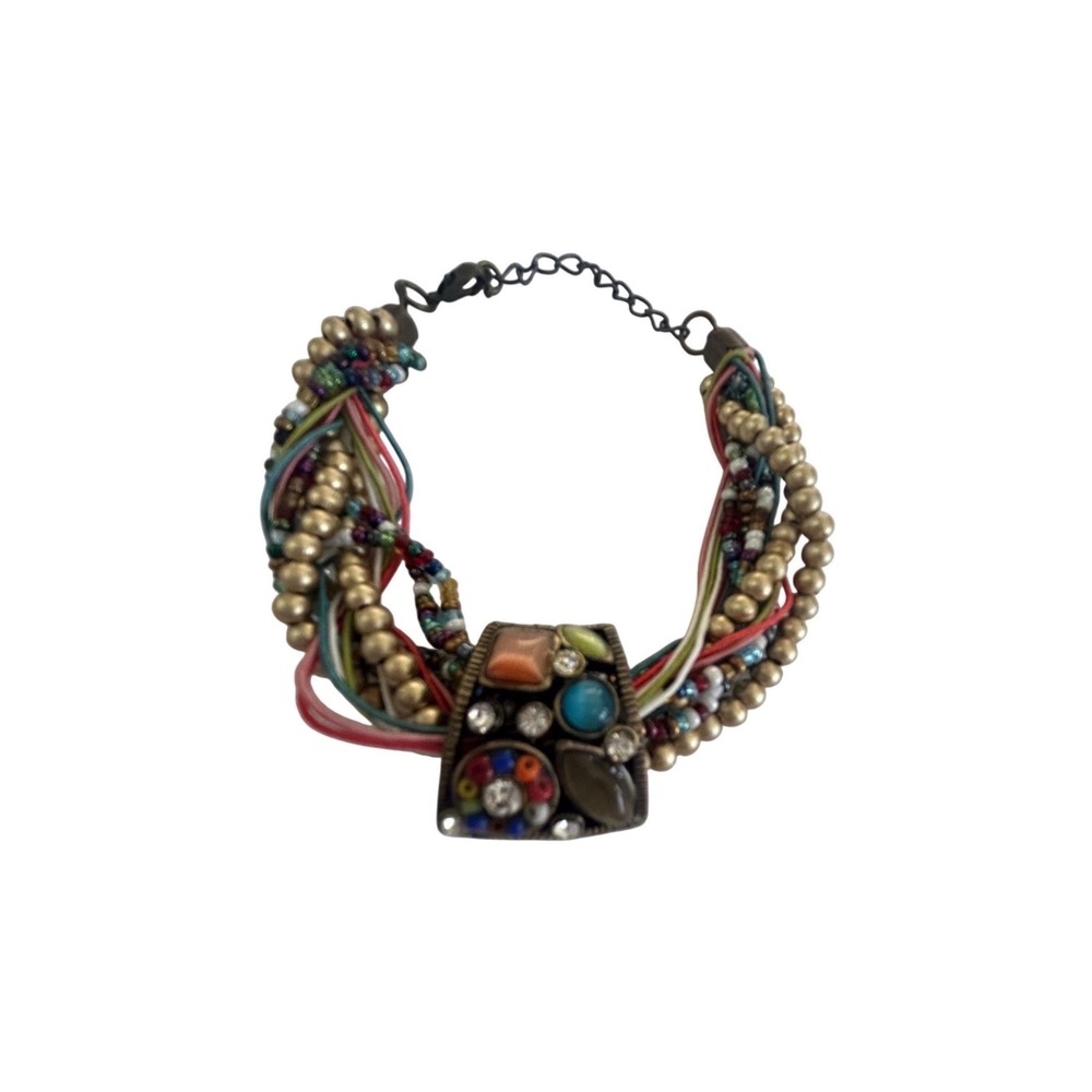 Boho Multi Strand Mixed Media Beaded Bracelet Rhinestone Gemstones Brass Clasp
